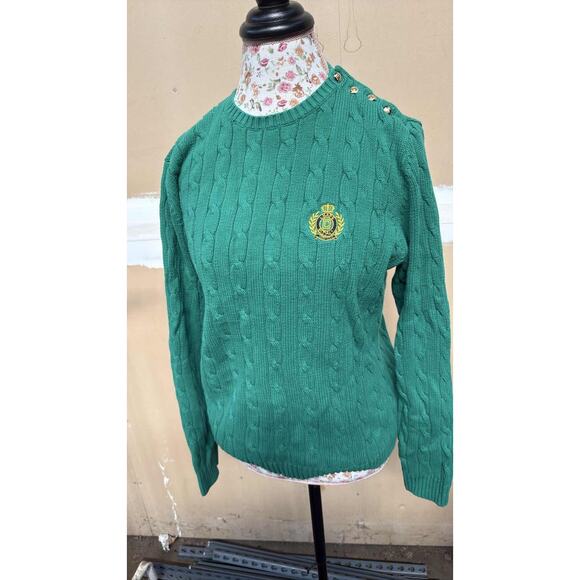 Chaps bLauren Ralph Women's M Green Cable Knit Sweater Crest Gold Buttons - Picture 1 of 7